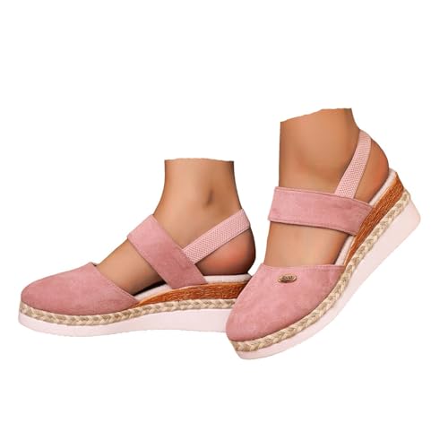 VBEDKDEB Keilabsatz Schuhe Damen Elegant Leder Bequeme Espadrilles Vorne Geschlossen Rutschfeste Elastisch Slingback Sandalen 2025 Sommer Lässige Urlaub Reise Sandaletten mit Riemchen (Rosa,39) von VBEDKDEB
