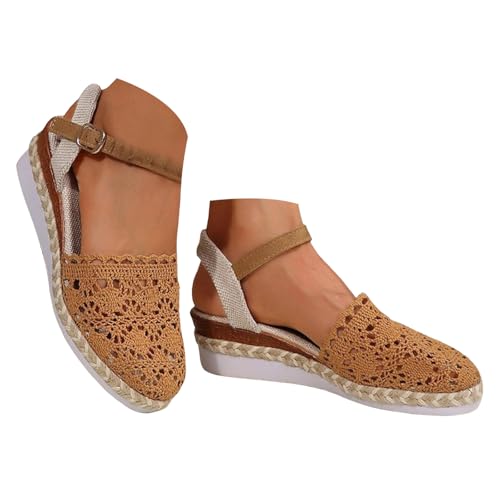 VBEDKDEB Keilabsatz Schuhe Damen Elegant Leder Bequeme Espadrilles Vorne Geschlossen Rutschfeste Elastisch Slingback Sandalen 2025 Sommer Lässige Urlaub Reise Sandaletten mit Riemchen (X1-Brown, 40) von VBEDKDEB