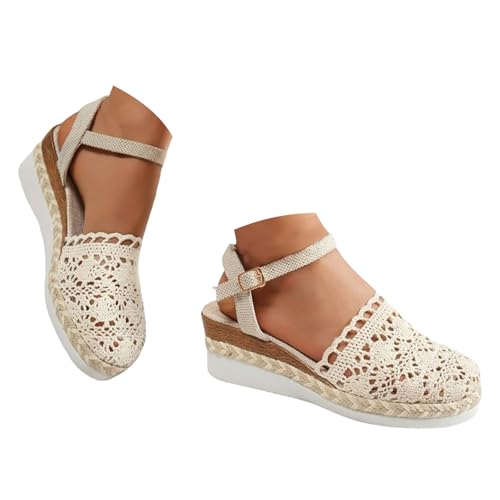 VBEDKDEB Keilabsatz Schuhe Damen Elegant Leder Bequeme Espadrilles Vorne Geschlossen Rutschfeste Elastisch Slingback Sandalen 2025 Sommer Lässige Urlaub Reise Sandaletten mit Riemchen (X1-White, 42) von VBEDKDEB