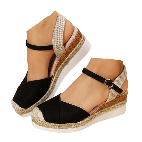 VBEDKDEB Keilabsatz Schuhe Damen Elegant Leder Bequeme Espadrilles Vorne Geschlossen Rutschfeste Elastisch Slingback Sandalen 2025 Sommer Lässige Urlaub Reise Sandaletten mit Riemchen (X2-Braun,39) von VBEDKDEB
