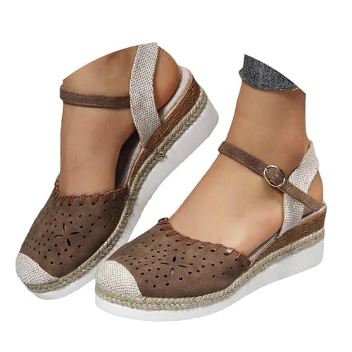 VBEDKDEB Keilabsatz Schuhe Damen Elegant Leder Bequeme Espadrilles Vorne Geschlossen Rutschfeste Elastisch Slingback Sandalen 2025 Sommer Lässige Urlaub Reise Sandaletten mit Riemchen (X2-Coffee, 39) von VBEDKDEB