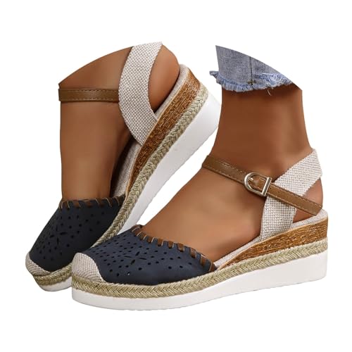 VBEDKDEB Keilabsatz Schuhe Damen Elegant Leder Bequeme Espadrilles Vorne Geschlossen Rutschfeste Elastisch Slingback Sandalen 2025 Sommer Lässige Urlaub Reise Sandaletten mit Riemchen (X2-Navy, 39) von VBEDKDEB