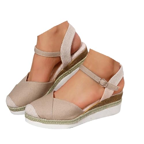 VBEDKDEB Keilabsatz Schuhe Damen Elegant Leder Bequeme Espadrilles Vorne Geschlossen Rutschfeste Elastisch Slingback Sandalen 2025 Sommer Lässige Urlaub Reise Sandaletten mit Riemchen (X3-Khaki, 41) von VBEDKDEB