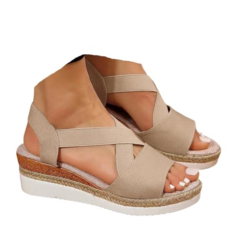 VBEDKDEB Keilabsatz Schuhe Damen Elegant Leder Bequeme Espadrilles Vorne Geschlossen Rutschfeste Elastisch Slingback Sandalen 2025 Sommer Lässige Urlaub Reise Sandaletten mit Riemchen (X4-Khaki, 37) von VBEDKDEB