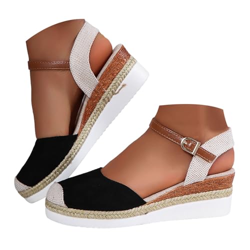 VBEDKDEB Keilabsatz Schuhe Damen Elegant Leder Bequeme Espadrilles Vorne Geschlossen Rutschfeste Elastisch Slingback Sandalen 2025 Sommer Lässige Urlaub Reise Sandaletten mit Riemchen (X5-Schwarz,37) von VBEDKDEB