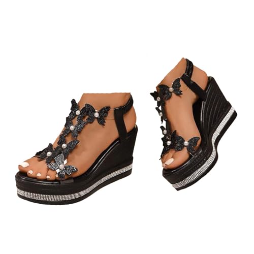 VBEDKDEB Keilabsatz Schuhe Damen Plateau Sandalen Frauen Schmetterling Elastisch Slingback Peeptoe Rutschfeste Sandaletten 2025 Sommer Lässige Wandersandalen Strand Reise Urlaub Keilsandalen (40) von VBEDKDEB
