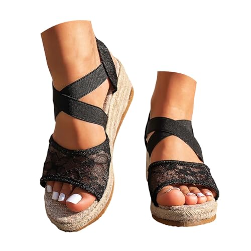 VBEDKDEB Keilabsatz Schuhe Damen Retro Atmungsaktive Spitze Plateau Espadrilles Sandalen Frauen Elastisch Kreuzriemen Peeptoe Rutschfeste Sandaletten 2025 Sommer Lässige Reise Wandersandalen (37.5) von VBEDKDEB