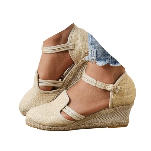 VBEDKDEB Keilabsatz Schuhe Damen Retro Bequem Espadrilles Sandalen 2025 Sommer Lässige Atmungsaktive Sandaletten Reise Urlaub Geschlossener Zehen Rutschfeste Leinenschuhe mit Riemchen (Beige, 37.5) von VBEDKDEB