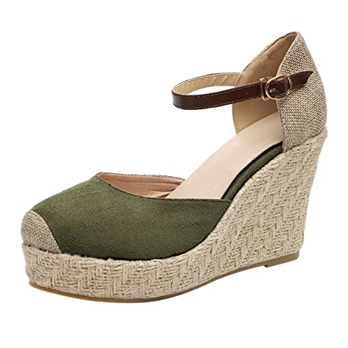 VBEDKDEB Keilabsatz Schuhe Damen Retro Bequem Espadrilles Sandalen 2025 Sommer Lässige Sandaletten Reise Urlaub Geschlossener Zehen Rutschfeste Leinenschuhe mit Verstellbaren Riemchen (Green, 40.5) von VBEDKDEB
