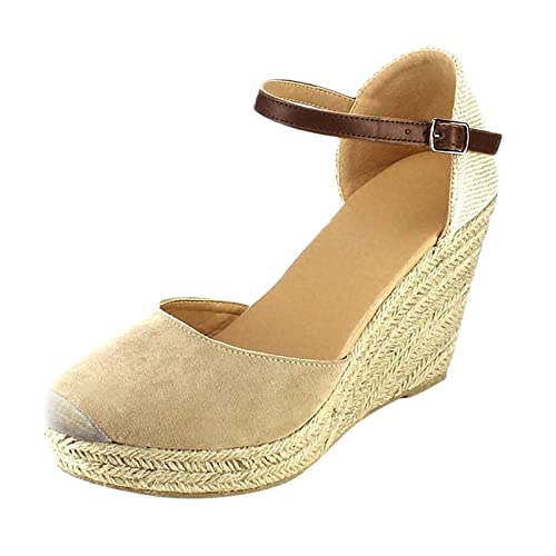 VBEDKDEB Keilabsatz Schuhe Damen Retro Bequem Espadrilles Sandalen 2025 Sommer Lässige Sandaletten Reise Urlaub Geschlossener Zehen Rutschfeste Leinenschuhe mit Verstellbaren Riemchen (Khaki, 40.5) von VBEDKDEB