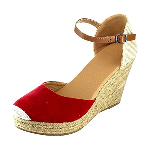 VBEDKDEB Keilabsatz Schuhe Damen Retro Bequem Espadrilles Sandalen 2025 Sommer Lässige Sandaletten Reise Urlaub Geschlossener Zehen Rutschfeste Leinenschuhe mit Verstellbaren Riemchen (Red, 40.5) von VBEDKDEB