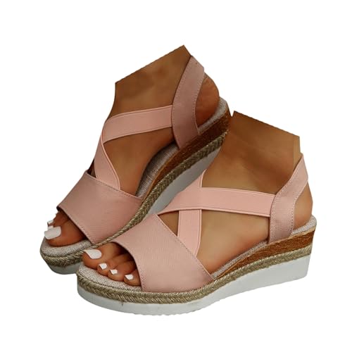 VBEDKDEB Keilabsatz Schuhe Damen Retro Elastisch Kreuzriemen Espadrilles Sandalen 2025 Sommer Lässige Segeltuch Sandaletten Reise Urlaub Strand Peeptoe Rutschfeste Wandersandalen (42) von VBEDKDEB