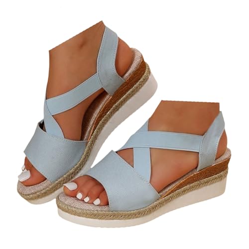 VBEDKDEB Keilabsatz Schuhe Damen Retro Elastisch Kreuzriemen Espadrilles Sandalen 2025 Sommer Lässige Segeltuch Sandaletten Reise Urlaub Strand Peeptoe Rutschfeste Wandersandalen (Blue, 37.5) von VBEDKDEB