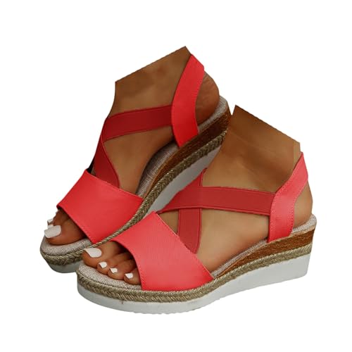 VBEDKDEB Keilabsatz Schuhe Damen Retro Elastisch Kreuzriemen Espadrilles Sandalen 2025 Sommer Lässige Segeltuch Sandaletten Reise Urlaub Strand Peeptoe Rutschfeste Wandersandalen (Red, 38) von VBEDKDEB