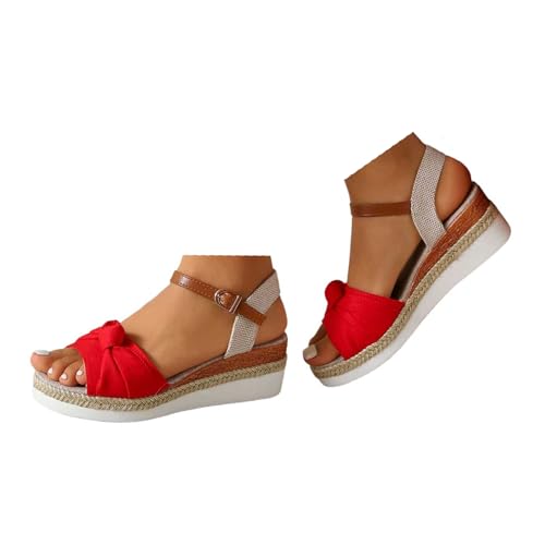 VBEDKDEB Keilabsatz Schuhe Damen Retro Plateau Espadrilles Sandalen 2025 Sommer Lässige Segeltuch Sandaletten Reise Urlaub Peeptoe Rutschfeste Wandersandalen mit Verstellbaren Riemchen (Red, 38.5) von VBEDKDEB