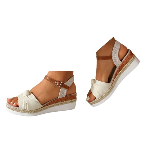 VBEDKDEB Keilabsatz Schuhe Damen Retro Plateau Espadrilles Sandalen 2025 Sommer Lässige Segeltuch Sandaletten Reise Urlaub Peeptoe Rutschfeste Wandersandalen mit Verstellbaren Riemchen (White, 37.5) von VBEDKDEB