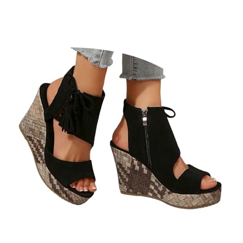 VBEDKDEB Keilabsatz Schuhe Damen Wildleder Plateau Sandalen Frauen Peeptoe Seite Schnürung Reißverschluss Rutschfeste Sandaletten 2025 Sommer Lässige Wandersandalen Reise Urlaub Keilsandalen (37) von VBEDKDEB