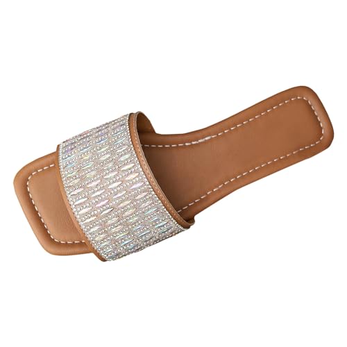 VBEDKDEB Latschen Damen Niedriger Absatz Rutschfeste Pantoletten Elegant Bequeme Sandaletten Peeptoe Quadrat Zehen Schlappen Sommer Lässige Sandalen Hausschuhe Reise Urlaub (X-1-Brown, 37) von VBEDKDEB