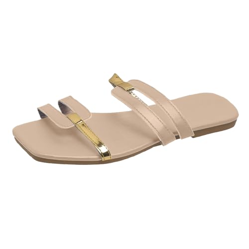 VBEDKDEB Latschen Damen Niedriger Absatz Rutschfeste Pantoletten Elegant Bequeme Sandaletten Peeptoe Quadrat Zehen Schlappen Sommer Lässige Sandalen Hausschuhe Reise Urlaub (X-2-Beige, 38) von VBEDKDEB
