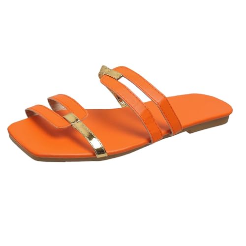 VBEDKDEB Latschen Damen Niedriger Absatz Rutschfeste Pantoletten Elegant Bequeme Sandaletten Peeptoe Quadrat Zehen Schlappen Sommer Lässige Sandalen Hausschuhe Reise Urlaub (X-2-Orange, 41) von VBEDKDEB