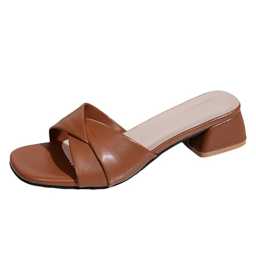 VBEDKDEB Latschen Damen Niedriger Absatz Rutschfeste Pantoletten Elegant Bequeme Sandaletten Peeptoe Quadrat Zehen Schlappen Sommer Lässige Sandalen Hausschuhe Reise Urlaub (X-3-Khaki, 35) von VBEDKDEB