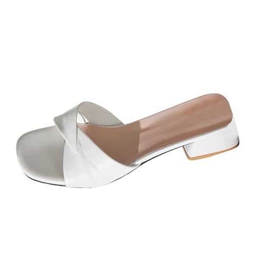 VBEDKDEB Latschen Damen Niedriger Absatz Rutschfeste Pantoletten Elegant Bequeme Sandaletten Peeptoe Quadrat Zehen Schlappen Sommer Lässige Sandalen Hausschuhe Reise Urlaub (X-3-White, 39) von VBEDKDEB