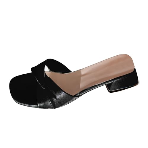 VBEDKDEB Latschen Damen Niedriger Absatz Rutschfeste Pantoletten Elegant Bequeme Sandaletten Peeptoe Quadrat Zehen Schlappen Sommer Lässige Sandalen Hausschuhe Reise Urlaub Slipper (38) von VBEDKDEB