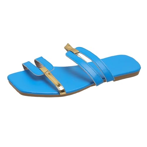 VBEDKDEB Latschen Damen Niedriger Absatz Rutschfeste Pantoletten Elegant Bequeme Sandaletten Peeptoe Quadrat Zehen Schlappen Sommer Lässige Sandalen Hausschuhe Reise Urlaub Slipper (X-2-Blue, 43) von VBEDKDEB