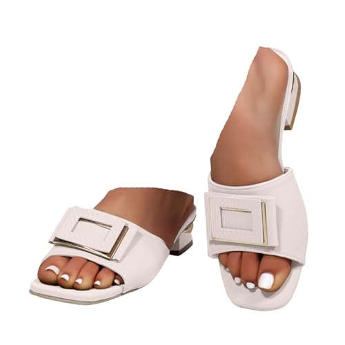 VBEDKDEB Latschen Damen Niedriger Absatz Rutschfeste Pantoletten Elegant Bequeme Sandaletten Peeptoe Quadrat Zehen Schlappen Sommer Lässige Sandalen Sauna Hausschuhe Reise Urlaub Slipper (White, 36) von VBEDKDEB