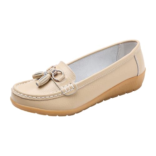VBEDKDEB Loafer Damen Flache Mokassins Slipper Bequeme Flache Slipper für Damen aus Leder zum Hineinschlüpfen, Schuhe, Outdoor Fahrschuhe Bequem Slip on Komfort Flach (Beige, 44) von VBEDKDEB