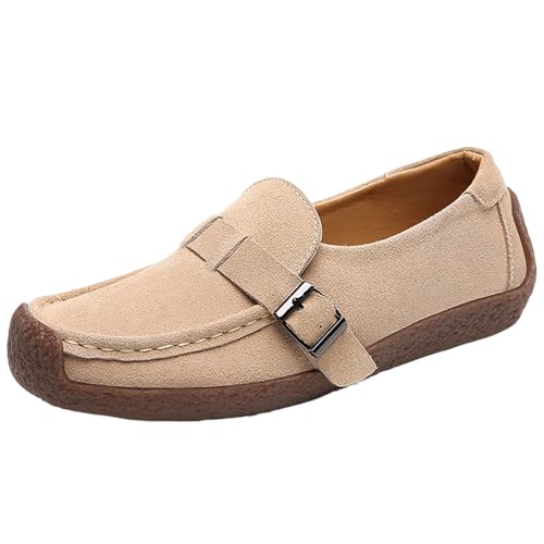 VBEDKDEB Loafer Damen Flache Mokassins Slipper Business Daily Leisure Britische Herren Kuh Fleece Loafer Damen Einzelschuhe Halbschuhe Bequem Komfort Flach (Khaki, 38) von VBEDKDEB
