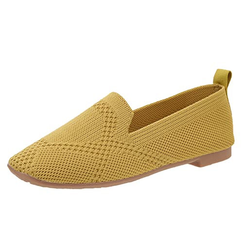 VBEDKDEB Loafer Damen Flache Mokassins Slipper Karree Strick atmungsaktive Flache Freizeitschuhe mit weicher Sohle Bequem Bequemschuhe Komfort Flach (Yellow, 42) von VBEDKDEB