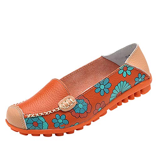 VBEDKDEB Loafer Damen Flache Mokassins Slipper Schuhe Bequeme Müßiggänger Bedruckte Wanderschuhe aus für Damen Freizeitschuhe Halbschuhe Bequemschuhe Komfort Flach (Orange, 37) von VBEDKDEB