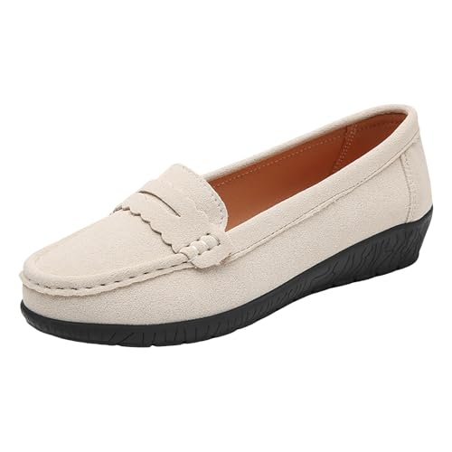 VBEDKDEB Loafer Damen Flache Mokassins Slipper Slip On Damen Walking Flache Loafer Freizeitschuhe Wanderschuhe für Schlupfschuhe Slip on Komfort Flats (Beige, 41) von VBEDKDEB