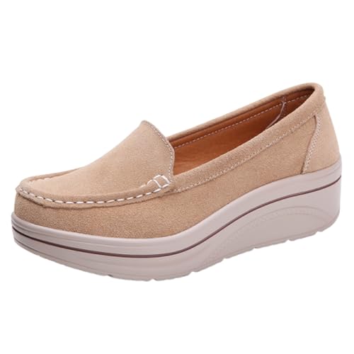 VBEDKDEB Loafer Damen Mokassins Flache Slipper Damen Plateau Loafer Slipper Keilabsatz Bequeme Dicke Weiche Freizeitschuhe Sneaker Halbschuhe Bequem Slip on Flach (Khaki, 42) von VBEDKDEB