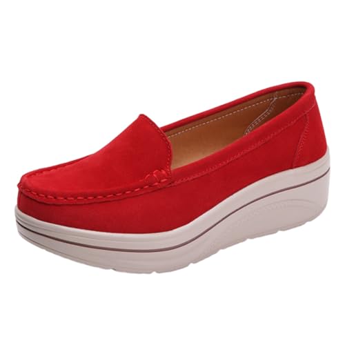 VBEDKDEB Loafer Damen Mokassins Flache Slipper Damen Plateau Loafer Slipper Keilabsatz Bequeme Dicke Weiche Freizeitschuhe Sneaker Halbschuhe Bequem Slip on Flach (Red, 37) von VBEDKDEB