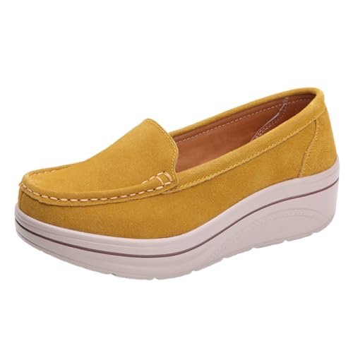 VBEDKDEB Loafer Damen Mokassins Flache Slipper Damen Plateau Loafer Slipper Keilabsatz Bequeme Dicke Weiche Freizeitschuhe Sneaker Halbschuhe Bequem Slip on Flach (Yellow, 41) von VBEDKDEB