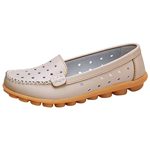VBEDKDEB Loafer Damen Mokassins Flache Slipper Damen Walking Flat Loafer Slip On Bequeme Flache Schuhe Outdoor Fahrschuhe Halbschuhe Schlupfschuhe Bequem Komfort (Beige, 41) von VBEDKDEB