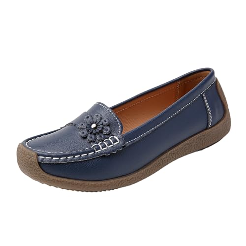 VBEDKDEB Loafer Damen Mokassins Flache Slipper Loafer Lässige und Bequeme Flache Damenschuhe mit weicher Sohle Zehenpartie Blumendekoration für Damen Schlupfschuhe Bequem Slip on Flach (Blue, 43) von VBEDKDEB