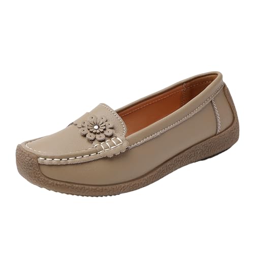 VBEDKDEB Loafer Damen Mokassins Flache Slipper Loafer Lässige und Bequeme Flache Damenschuhe mit weicher Sohle Zehenpartie Blumendekoration für Damen Schlupfschuhe Bequem Slip on Flach (Khaki, 39) von VBEDKDEB