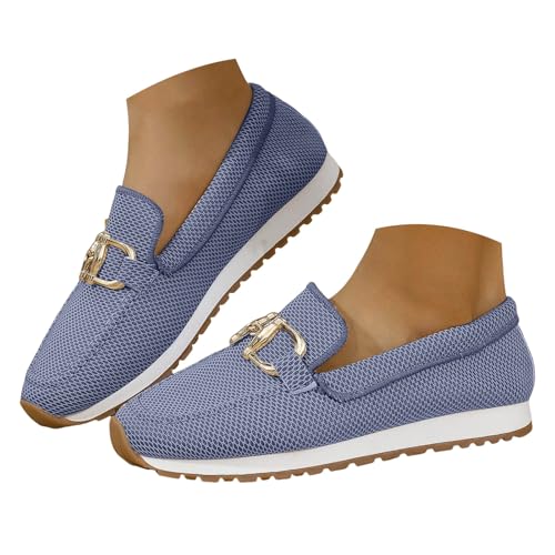 VBEDKDEB Loafer Damen Mokassins Flache Slipper Mesh Damen Einzelschuhe Modische Casual Slip On Runde Zehen Metall Schuhe Bequem Bequemschuhe Komfort Flats (Blue, 41) von VBEDKDEB