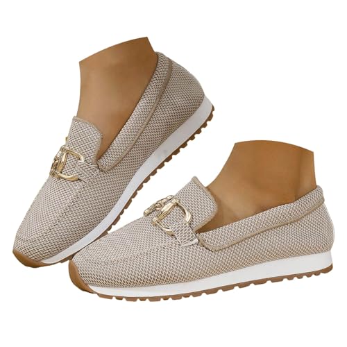 VBEDKDEB Loafer Damen Mokassins Flache Slipper Mesh Damen Einzelschuhe Modische Casual Slip On Runde Zehen Metall Schuhe Bequem Bequemschuhe Komfort Flats (Khaki, 39) von VBEDKDEB