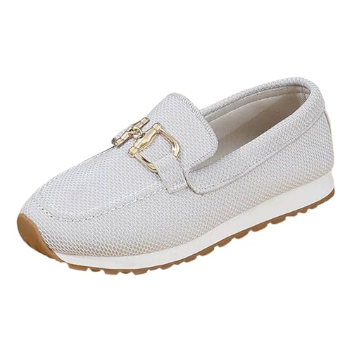 VBEDKDEB Loafer Damen Mokassins Flache Slipper Mesh Damen Einzelschuhe Modische Casual Slip On Runde Zehen Metall Schuhe Bequem Bequemschuhe Komfort Flats (White, 38) von VBEDKDEB