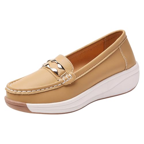 VBEDKDEB Loafer Damen Mokassins Flache Slipper Slip On Damen Walking Flache Loafer Freizeitschuhe Wanderschuhe für Schlupfschuhe Bequemschuhe Komfort Flats (Khaki, 42) von VBEDKDEB