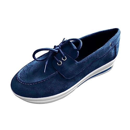 VBEDKDEB Loafer Damen Mokassins Flache Slipper Solide Schuhe Plattform Casual Damen Keil Farbe Mode Lace Up Freizeitschuhe Schlupfschuhe Slip on Bequemschuhe Flach (Blue, 39) von VBEDKDEB