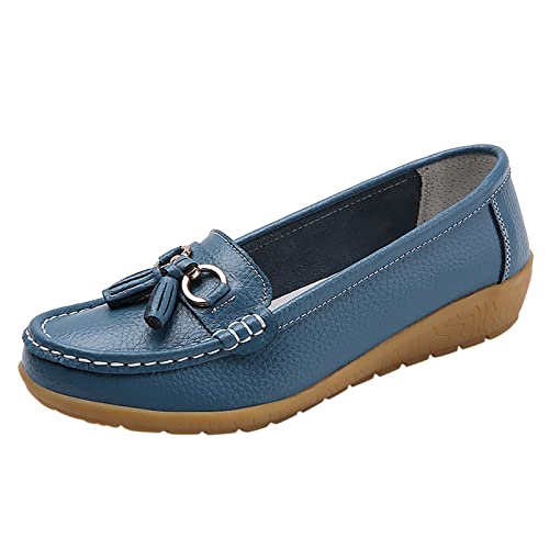 VBEDKDEB Loafer Damen Schwarz Blau Leder Beige Braun Rosa Dunkelblau Mokassins Damen Weiß Hausschuhe Comfort Schuhe Slipper Lammfell Wildleder gr. 37 38 39 40 41 42 (T2-Light Blue, 41) von VBEDKDEB