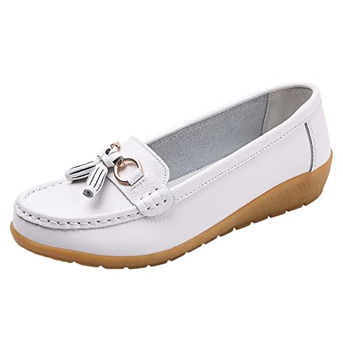 VBEDKDEB Loafer Damen Schwarz Blau Leder Beige Braun Rosa Dunkelblau Mokassins Damen Weiß Hausschuhe Comfort Schuhe Slipper Lammfell Wildleder gr. 37 38 39 40 41 42 (T2-White, 42) von VBEDKDEB