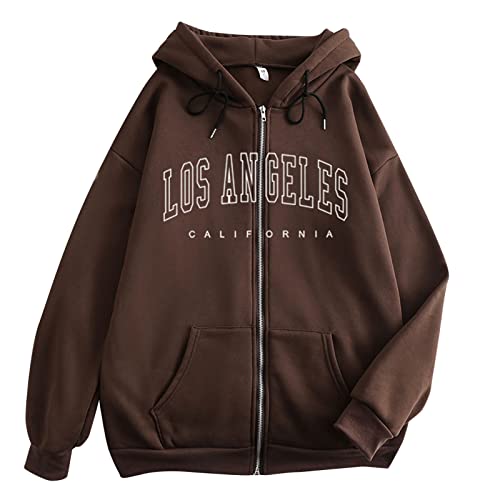 VBEDKDEB Los Angeles Sweatjacke Damen mit Kapuze, Damen Langarm Zip Hoodie Kapuzenjacke Sport Y2K Jacke Sweatshirt Sweetwear mit Taschen, Schwarz Lila Grau Weiß Weiss Beige Grün, S-XXL (Coffee, L) von VBEDKDEB