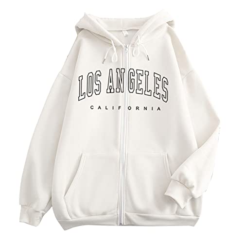 VBEDKDEB Los Angeles Sweatjacke Damen mit Kapuze, Damen Langarm Zip Hoodie Kapuzenjacke Sport Y2K Jacke Sweatshirt Sweetwear mit Taschen, Schwarz Lila Grau Weiß Weiss Beige Grün, S-XXL (White, S) von VBEDKDEB