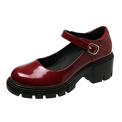 VBEDKDEB Mary Jane Schuhe Damen Freizeit Damen Four Seasons Einfarbige, rutschfeste, quadratische Absätze, runde Zehen, atmungsaktive Schnallenriemen, Arbeitsschuhe Mary 11188 Plateau (9) von VBEDKDEB